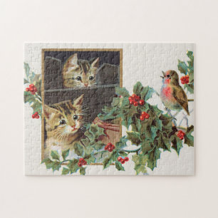 Vintage holly cats and bird jigsaw puzzle