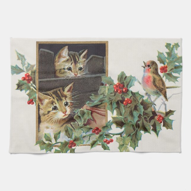 Vintage holly cats and bird  tea towel (Horizontal)