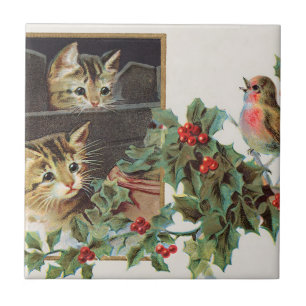 Vintage holly cats and bird  tile