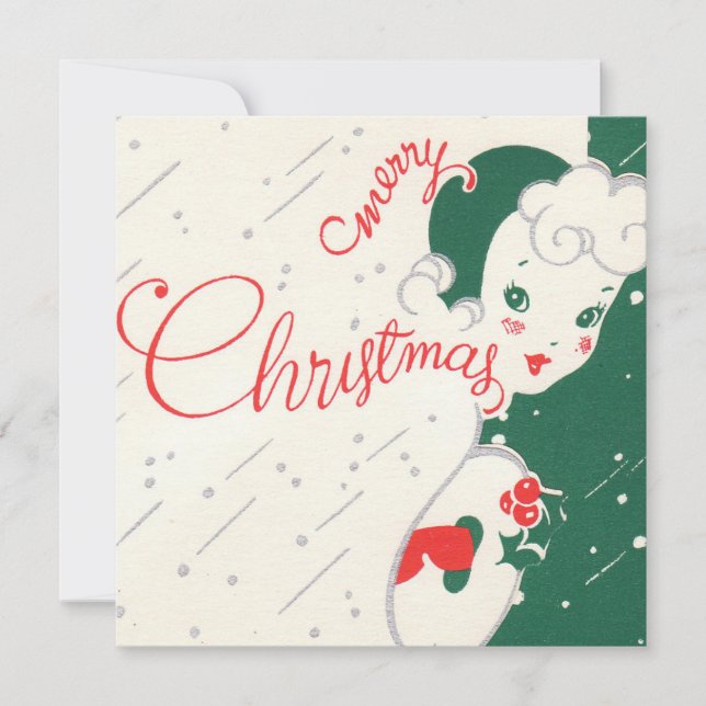 Vintage Holly Christmas Girl Holiday Card (Front)