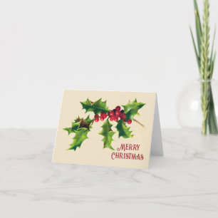 Vintage Holly Christmas Greeting  Holiday Card