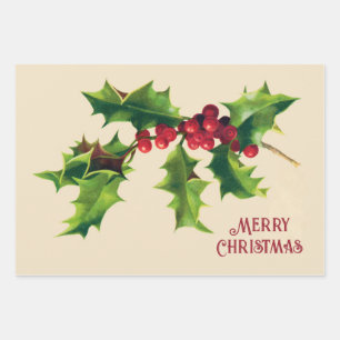 Vintage Holly Christmas Greeting  Wrapping Paper Sheet
