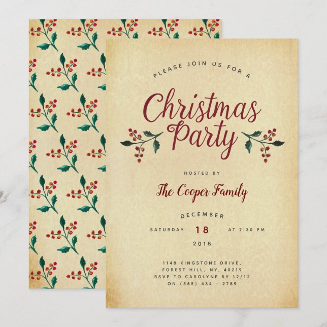Vintage Holly Christmas Party Invitation (Front/Back)