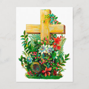 Vintage Holly Cross in a garden of flowers Postcard