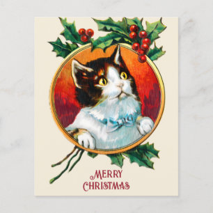 Vintage holly cute cat christmas