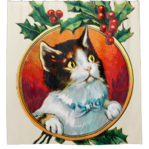 Vintage holly cute cat christmas shower curtain