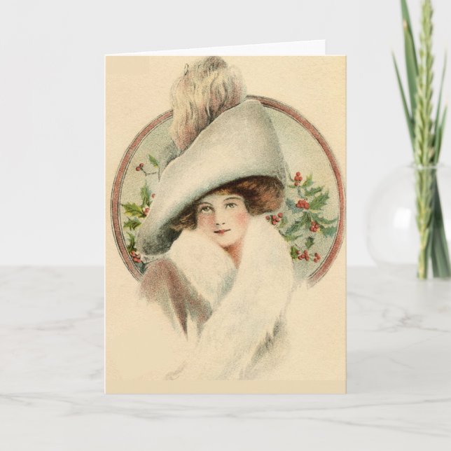 Vintage Holly Elegant Woman Holiday Card (Front)