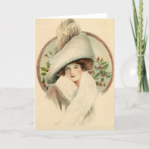 Vintage Holly Elegant Woman Holiday Card