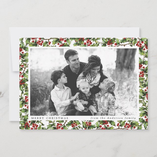 Vintage Holly Frame Christmas Photo Card (Front)