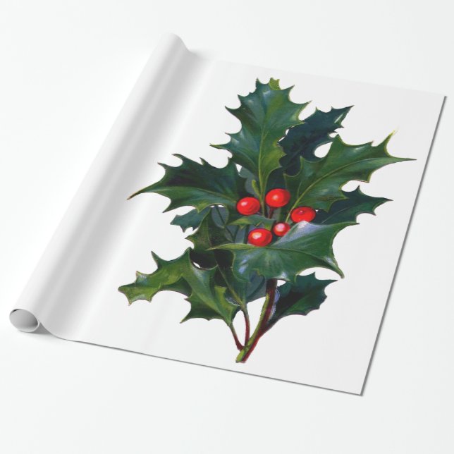 Vintage Holly Leaf Berry Christmas Holiday Wrapping Paper (Unrolled)