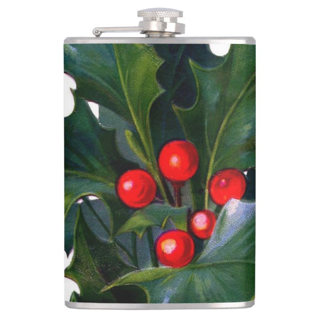 Vintage Holly Leaf Berry Hip Flask (Front)