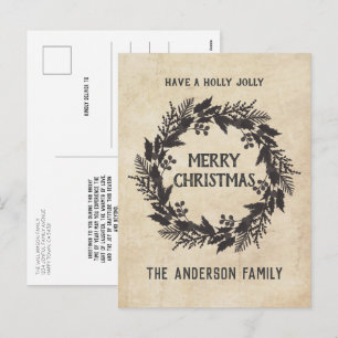 Vintage Holly Leaves Wreath Christmas Holiday Postcard