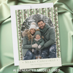 Vintage Holly Photo Christmas Family Holiday Card