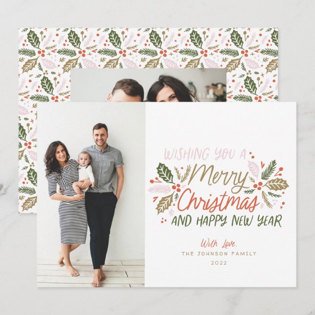 Vintage Holly Photo Christmas Holiday Card (Front/Back)