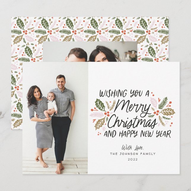 Vintage Holly Photo Christmas  Holiday Card (Front/Back)