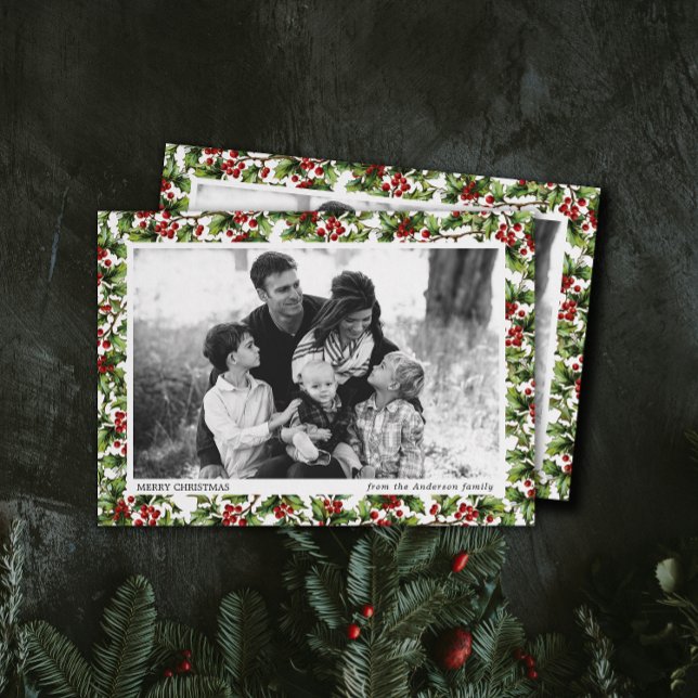 Vintage Holly Photo Frame Christmas Invitation (one photo Christmas holiday cards with vintage holly berry patterned border frame )