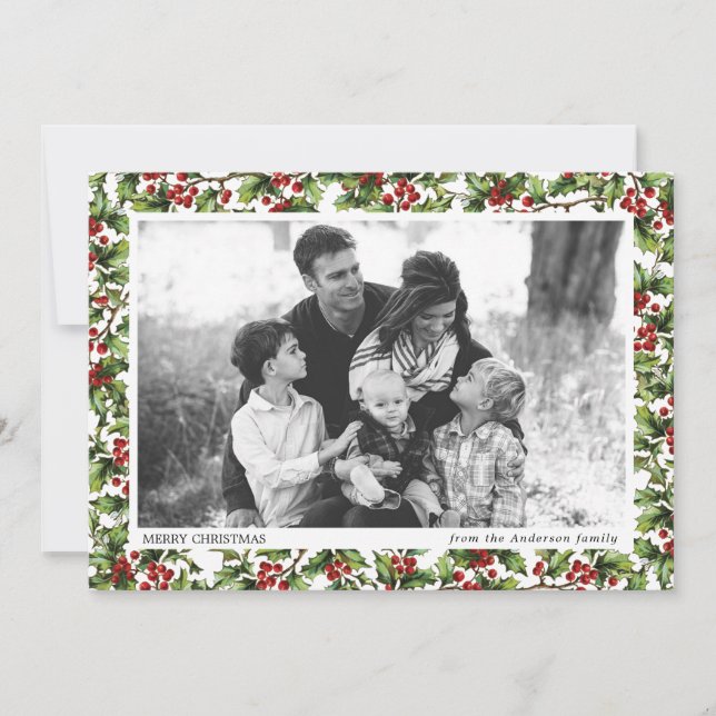 Vintage Holly Photo Frame Christmas Invitation (Front)