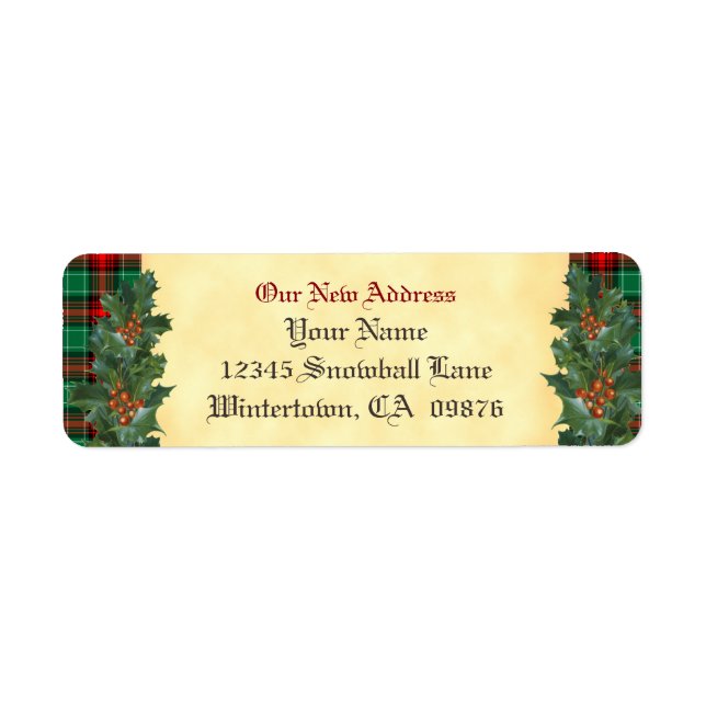 Vintage Holly Red Green Plaid Holiday New Address (Front)