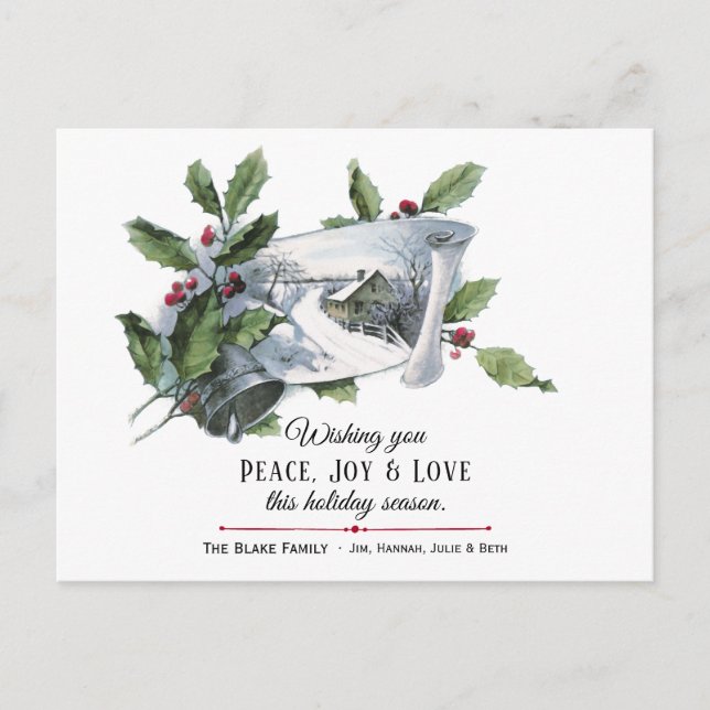 Vintage Holly, Silver Bell and Winter Scene Postcard (Front)