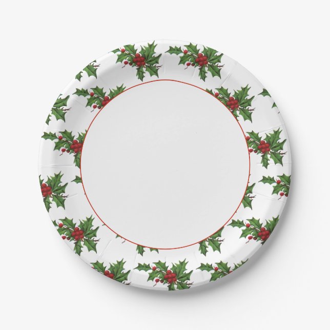 Vintage Holly Stems on White Paper Plate (Front)