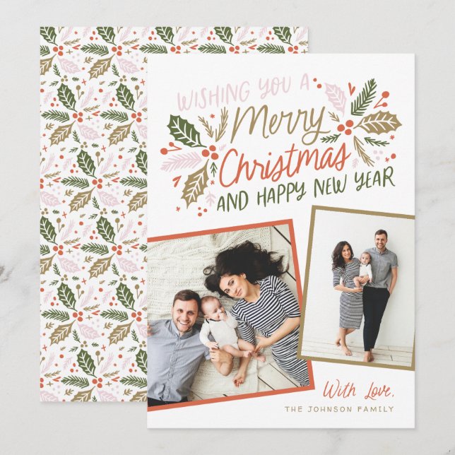 Vintage Holly Tilted Snapshot Multi-Photo Holiday Card (Front/Back)