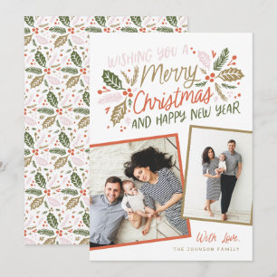 Vintage Holly Tilted Snapshot Multi-Photo Holiday Card