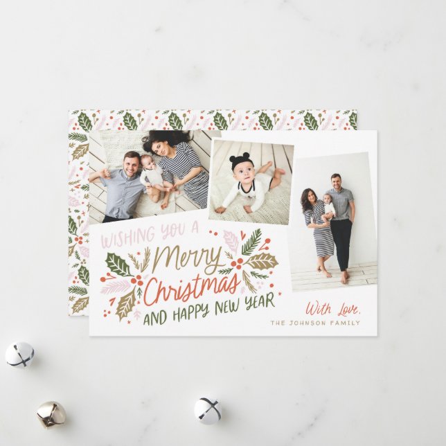 Vintage Holly Tilted Snapshot Multi-Photo Holiday Card (Front/Back In Situ)