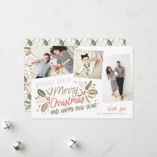 Vintage Holly Tilted Snapshot Multi-Photo Holiday Card