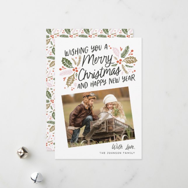 Vintage Holly Tilted Snapshot Photo Christmas Holiday Card (Front/Back In Situ)