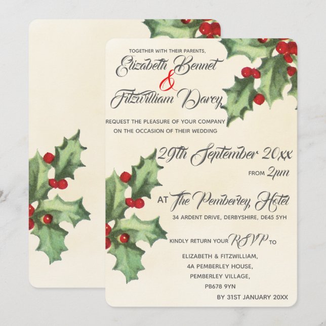 Vintage Holly Wedding Invitation (Front/Back)