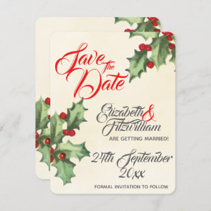Vintage Holly Wedding Save The Date Invitation