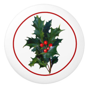 Vintage Holly With Berries Drawer / Cabinet Ceramic Knob