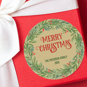 Vintage Holly Wreath Family Name Christmas Gold Classic Round Sticker