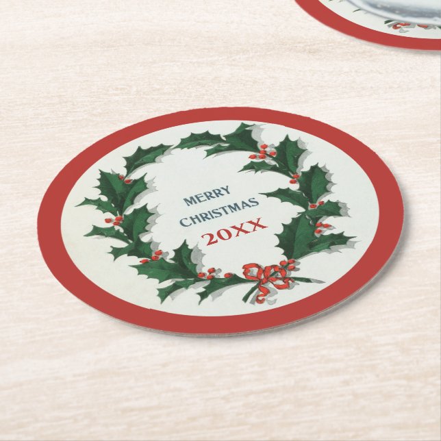 Vintage Holly Wreath Merry Christmas Round Paper Coaster (Angled)