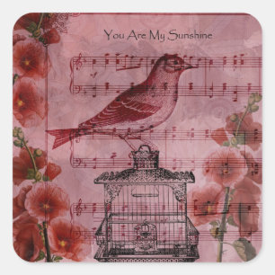 Vintage Hollyhock Song Bird Square Sticker