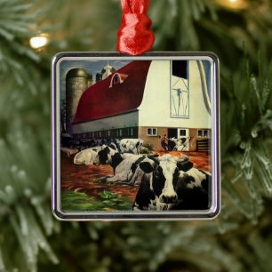 Vintage Holstein Milk Cows on Dairy Farm Business Metal Tree Decoration