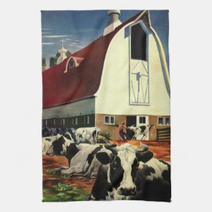 Vintage Holstein Milk Cows on Dairy Farm Business Tea Towel