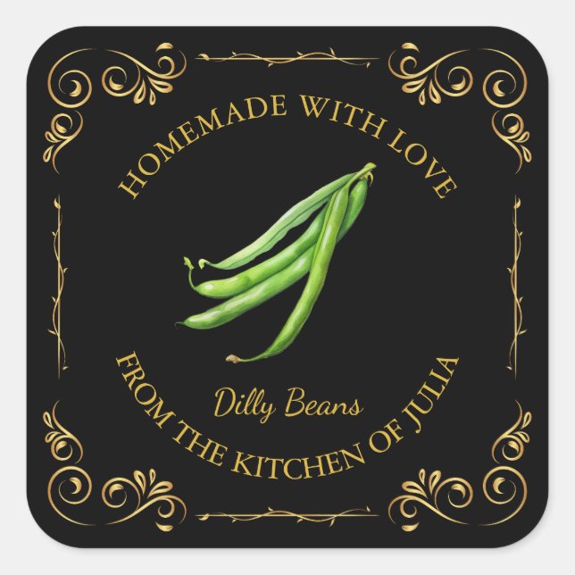 Vintage Homemade Dilly Beans Pickle Square Label (Front)