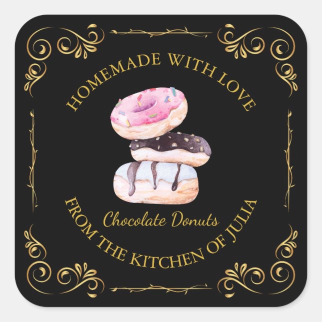 Vintage Homemade Doughnut Square Label | Black (Front)
