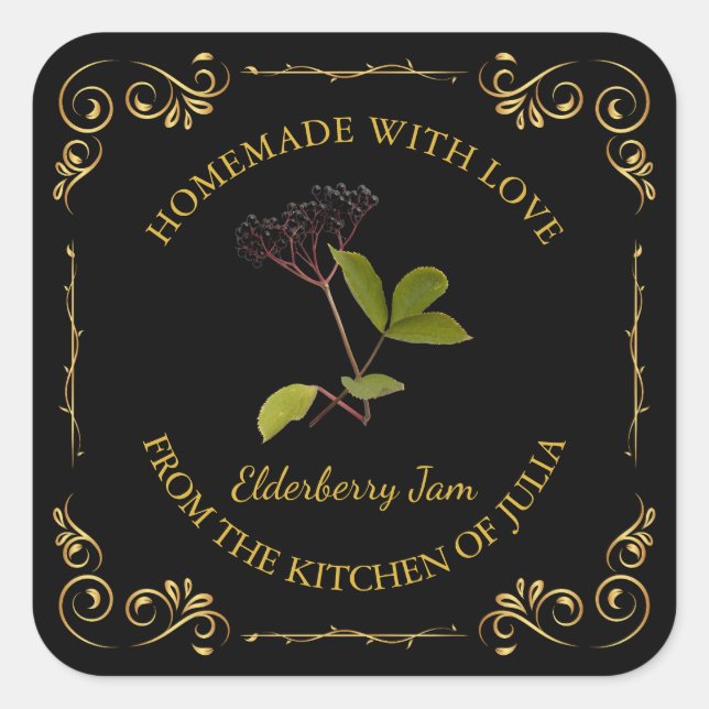 Vintage Homemade Elderberry Jam Square Label (Front)
