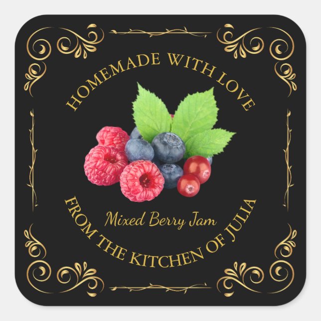 Vintage Homemade Mixed Berry Jam Square Label (Front)