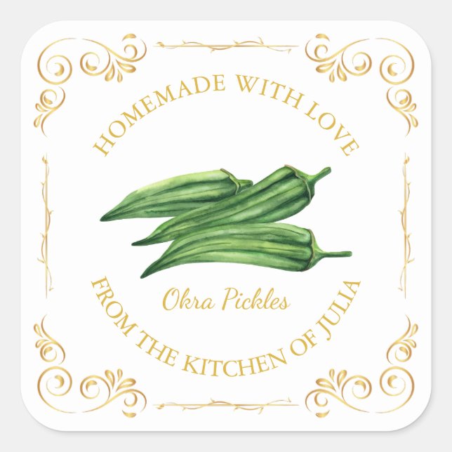 Vintage Homemade Okra Pickle Square Label (Front)