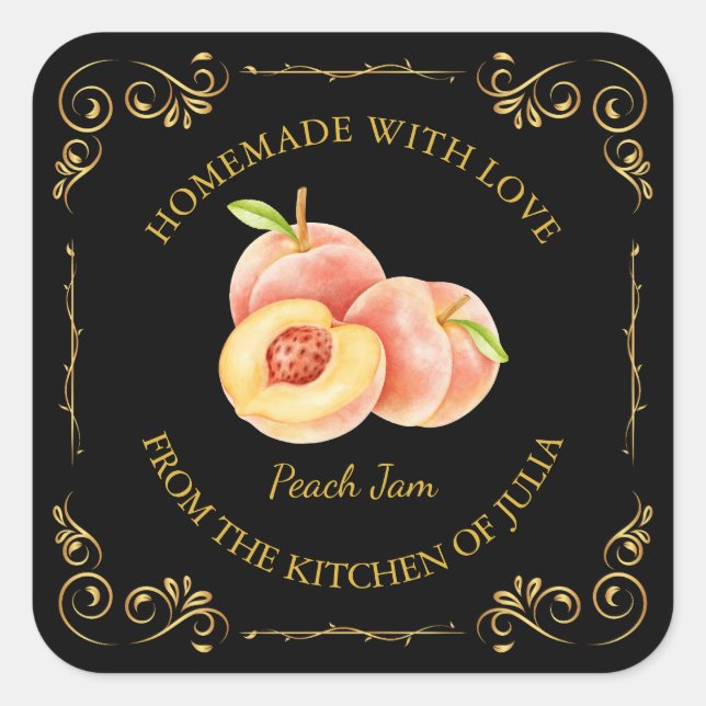 Vintage Homemade Peach Jam Square Label (Front)