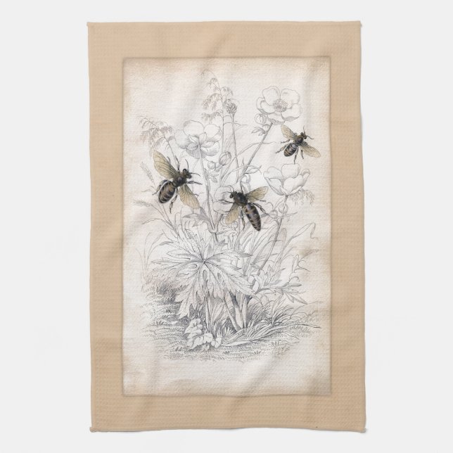 Vintage Honey Bee Art Print Tea Towel (Vertical)