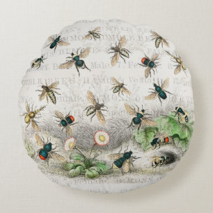 Vintage Honey Bee Queen Bee Entomology Botanical Round Cushion