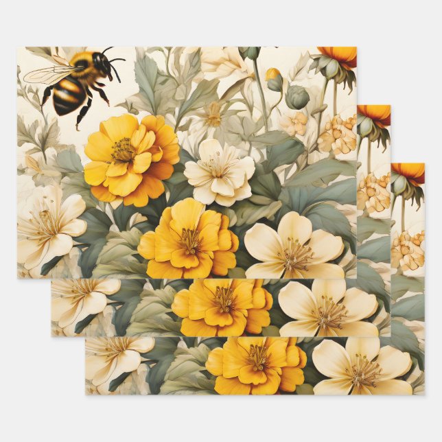 Vintage honey bees in botanicals wrapping paper sheet (Set)