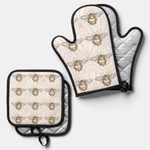 Vintage Honey Bees Oven Mitt & Pot Holder Set