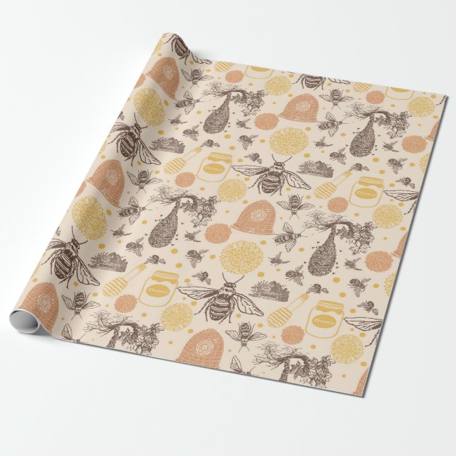 Vintage Honey Bumblebee Baby Shower Wrapping Paper (Unrolled)