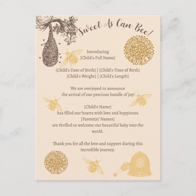 Vintage Honey Bumblebee Birth Announcement Postcard (Front)