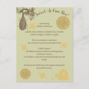 Vintage Honey Bumblebee Birth Announcement Postcard